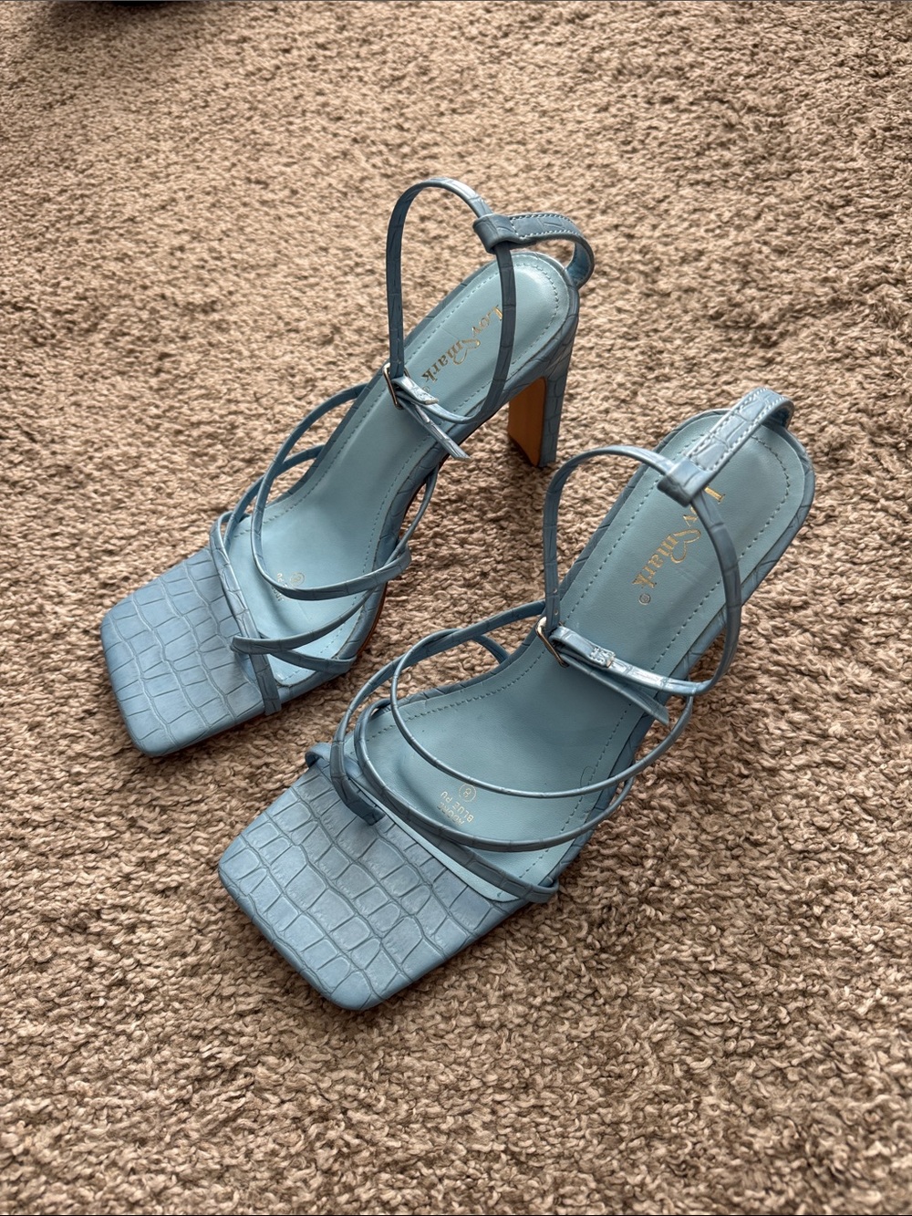 LovMark Pale Blue Strappy Croc-Texture Square-Toe Heels